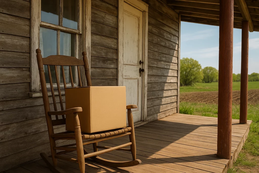 Cardboard box on a wooden rocking chair on the porch of a cabin with a countryside view.
