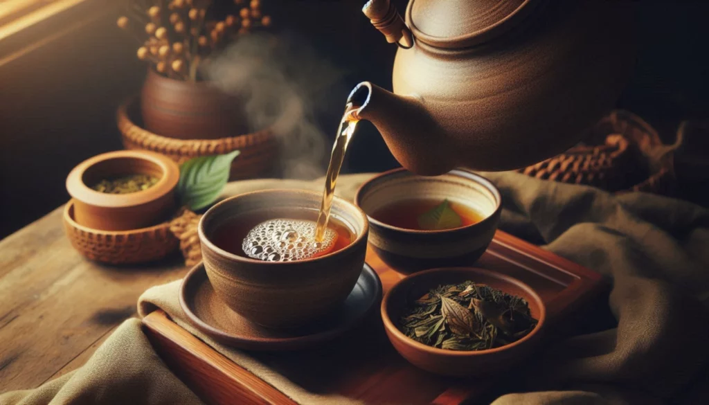 Clay teapot pouring kratom tea into cups on wooden tray