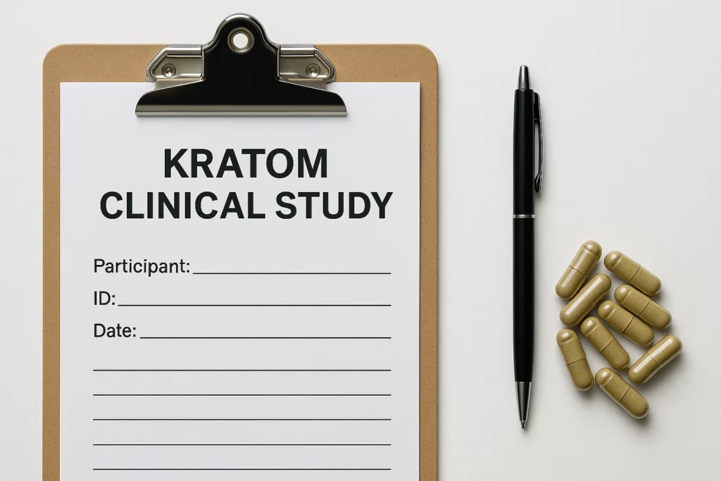 Clipboard titled,"Kratom Clinical Study" with pen and capsules