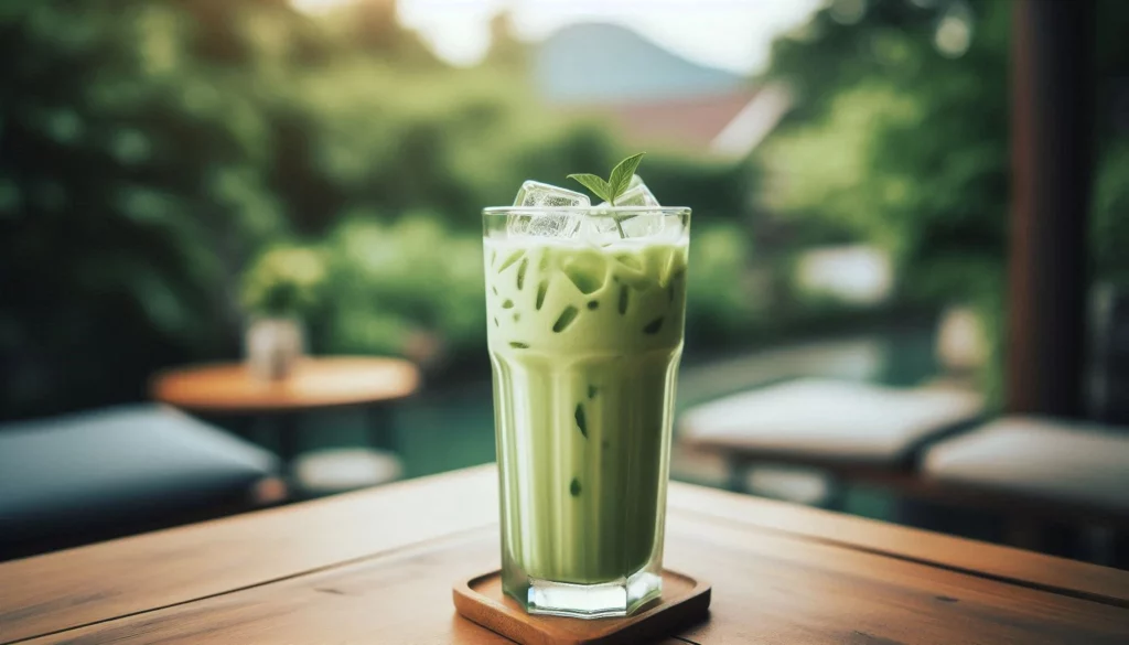 An iced kratom drink in a glass with mint garnish on wooden table