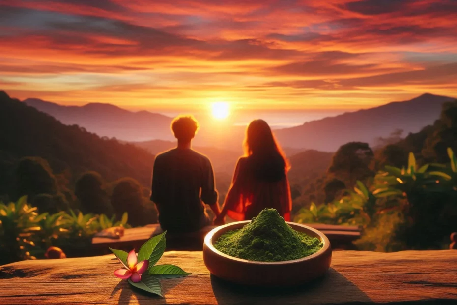 Couple holding hands watching sunset over mountains with a bowl of kratom powder, signifying kratom's effects on libido.