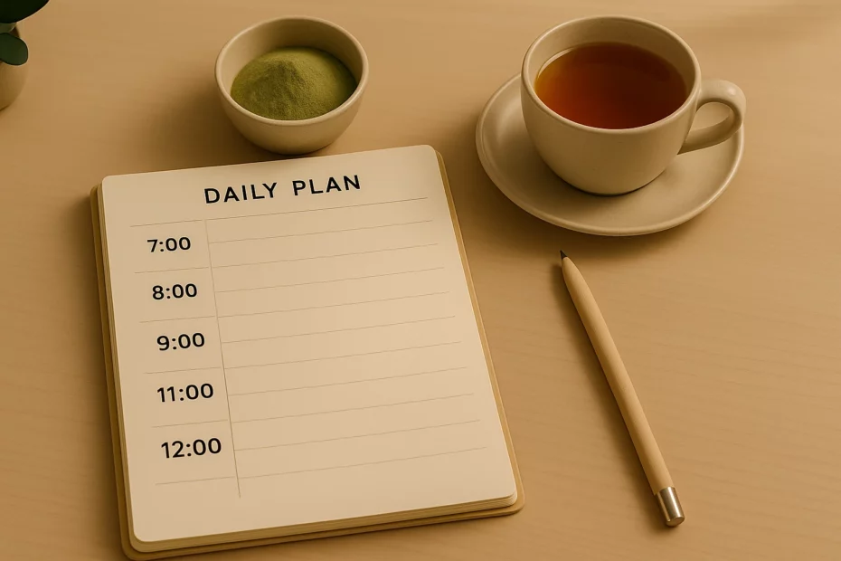 Daily planner with a cup of tea and a pencil on a table, highlighting kratom and time management