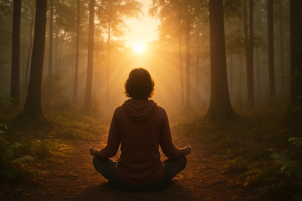 Person meditating in the forest while facing the sunset