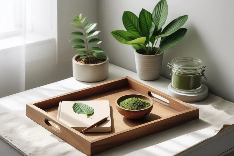 Kratom and minimalism with a wooden tray on a white desk holding a notebook, pencil and kratom beside potted plants.