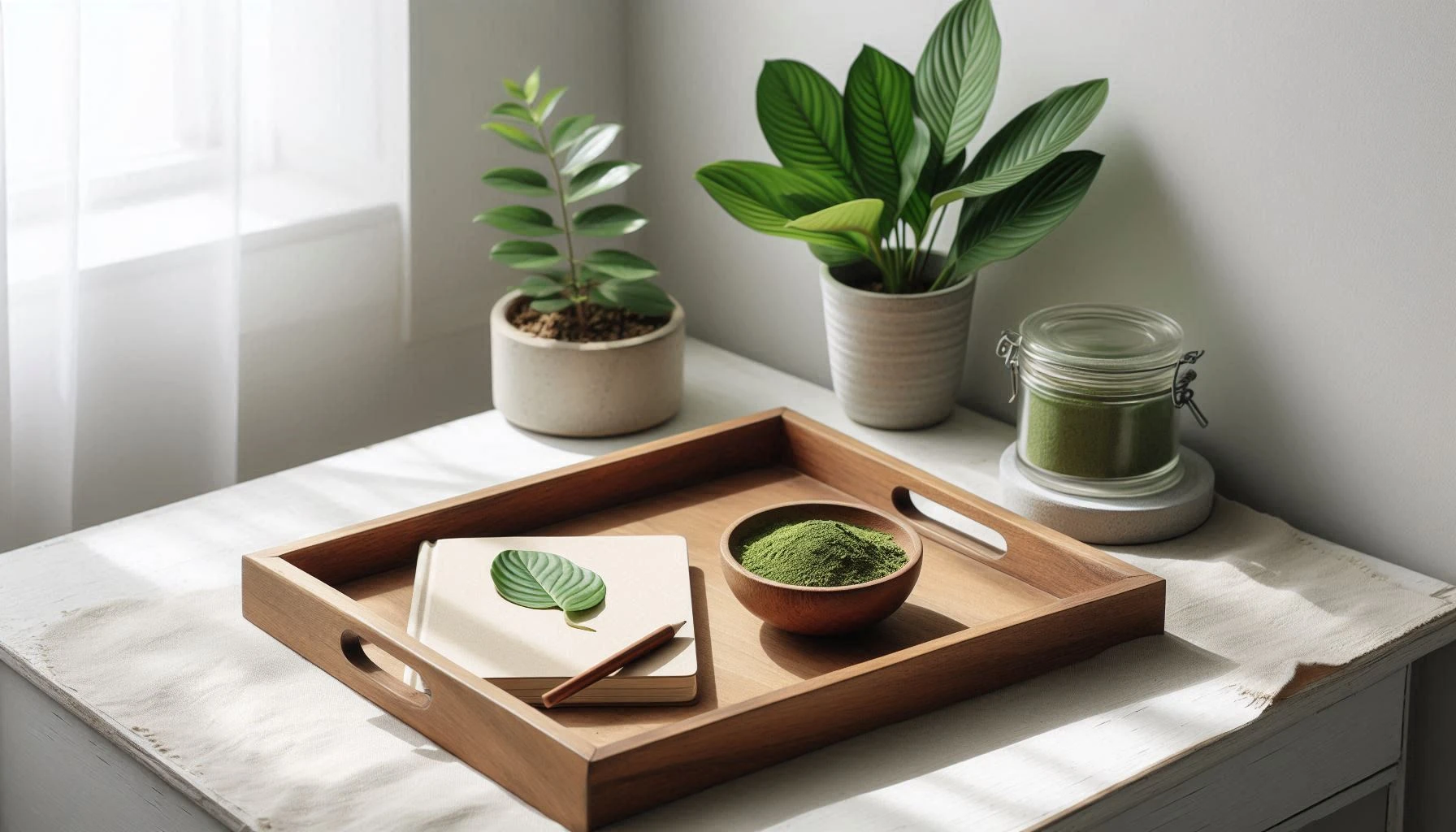 Kratom and minimalism with a wooden tray on a white desk holding a notebook, pencil and kratom beside potted plants.