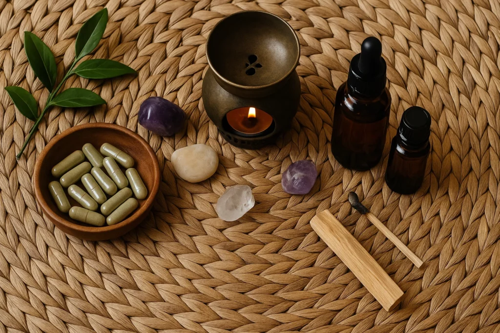 Holistic wellness setup with oil diffuser and crystals