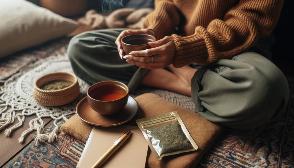Person in brown sweater holding a cup of tea on a patterned rug with journal and pen nearby.