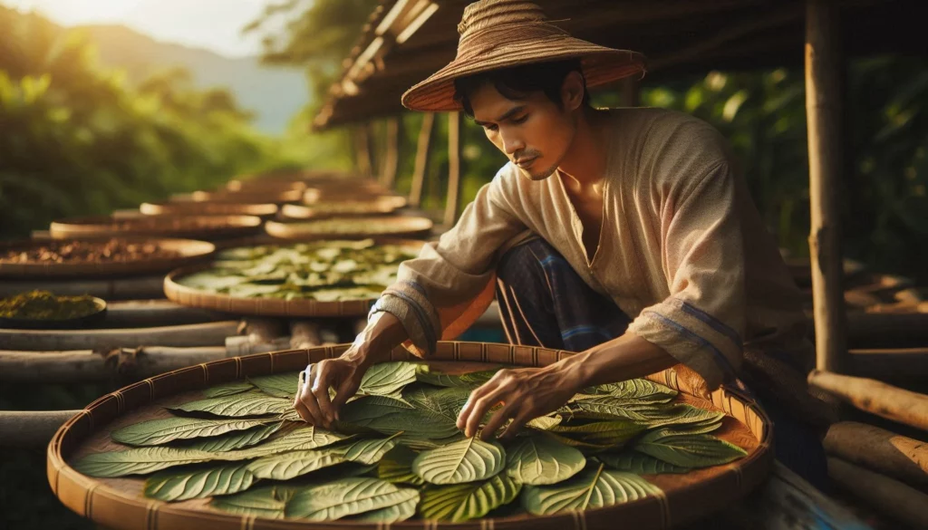 Farmer in a straw hat arranging kratom leaves on a bamboo tray outdoors.