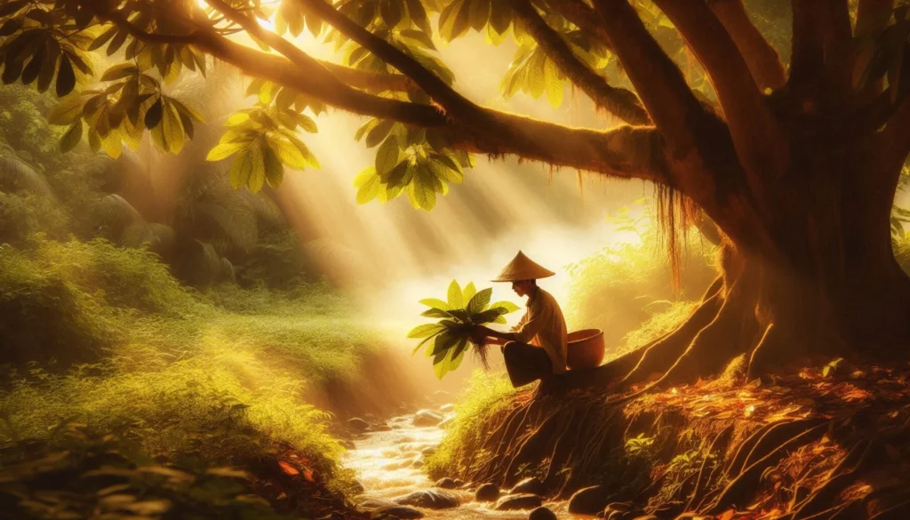 Farmer in conical hat holding kratom leaves by a stream under a tree with sunlight rays