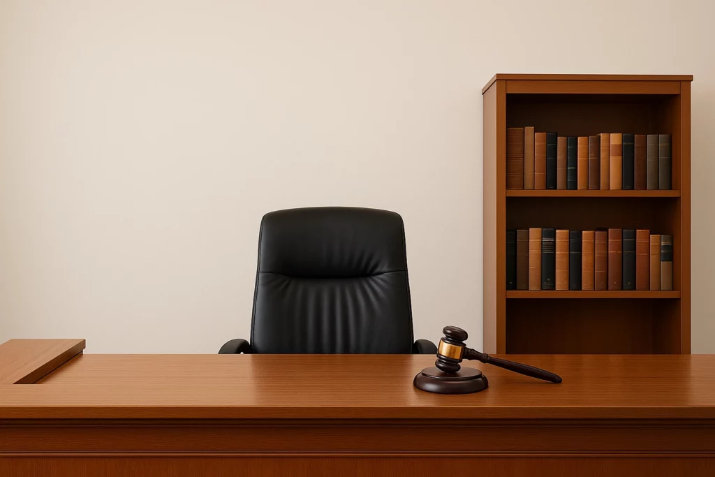 A gavel on a wooden desk with a black chair and bookshelf in an office.
