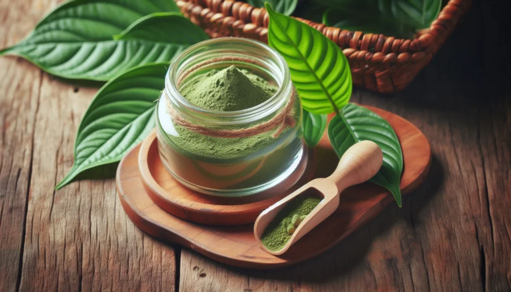 Glass jar of kratom powder with leaves and wooden scoop on wooden plate