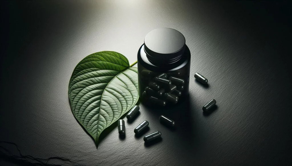 Green leaf with black supplement bottle filled with kratom capsules on a dark surface
