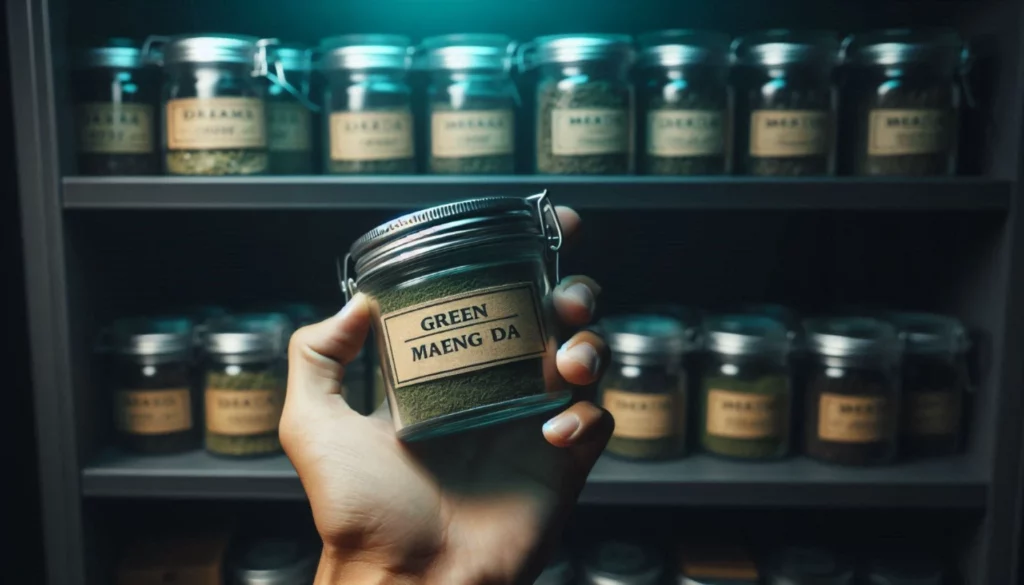 Hand holding a jar of green Maeng Da kratom in front of shelves with various kratom jars.