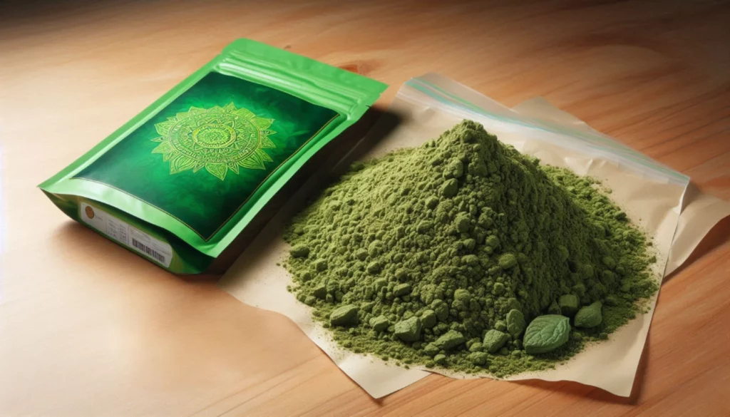 Heap of kratom powder with green packaging on a wooden table