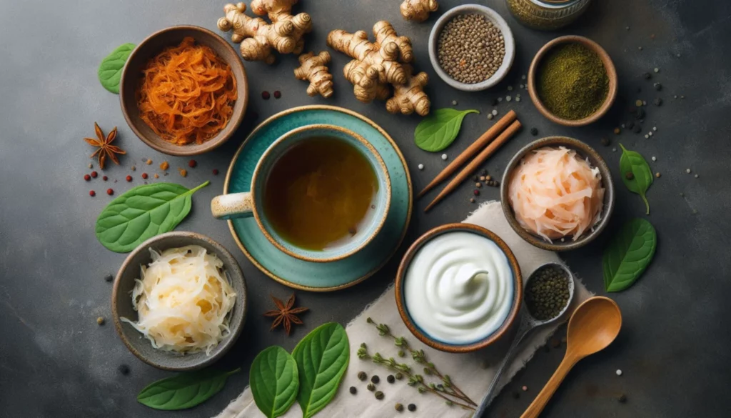 Cup of kratom tea with fermented foods, ginger, and spices on a dark surface