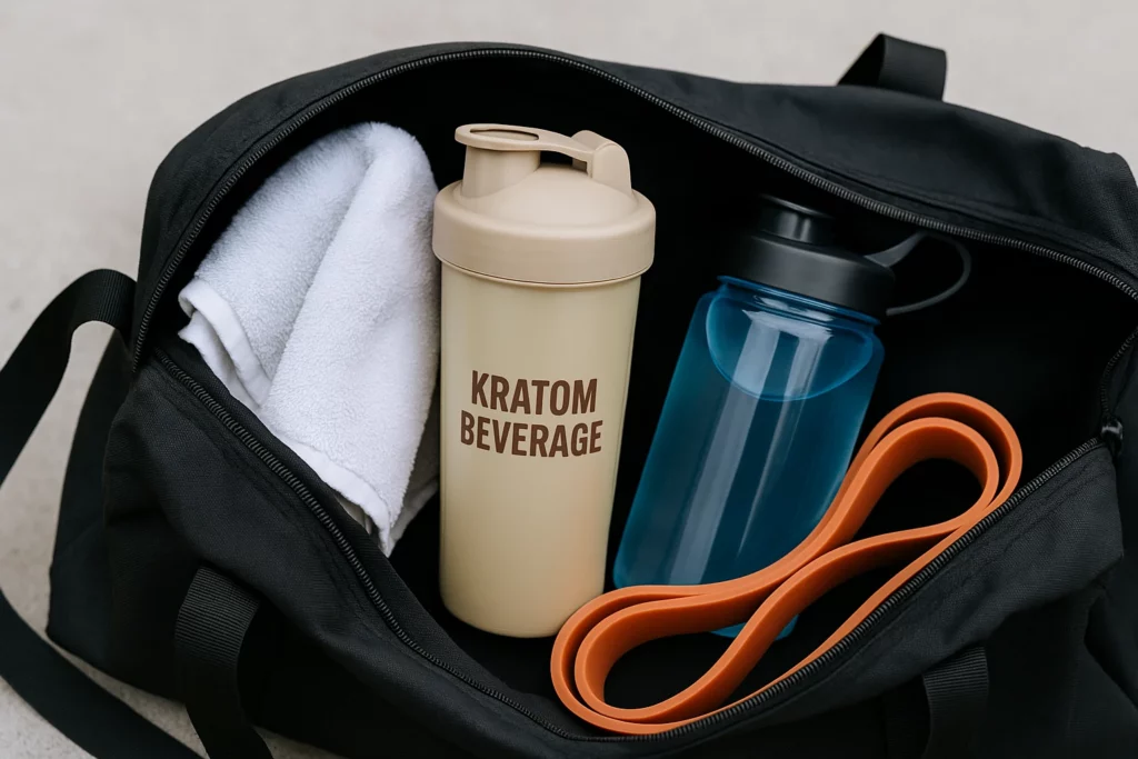 Black gym bag containing a kratom shaker bottle, blue water bottle, white towel, and orange resistance bands