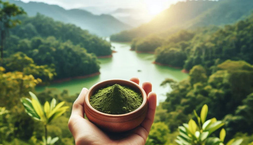 A hand holding a wooden bowl of kratom powder with a valley in the background