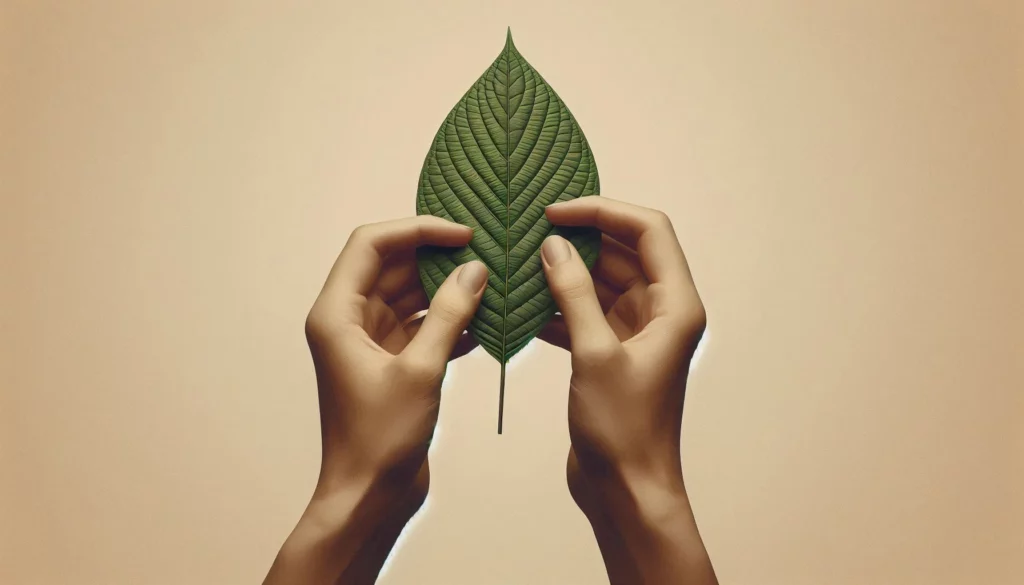 Hands holding a kratom leaf against a beige background