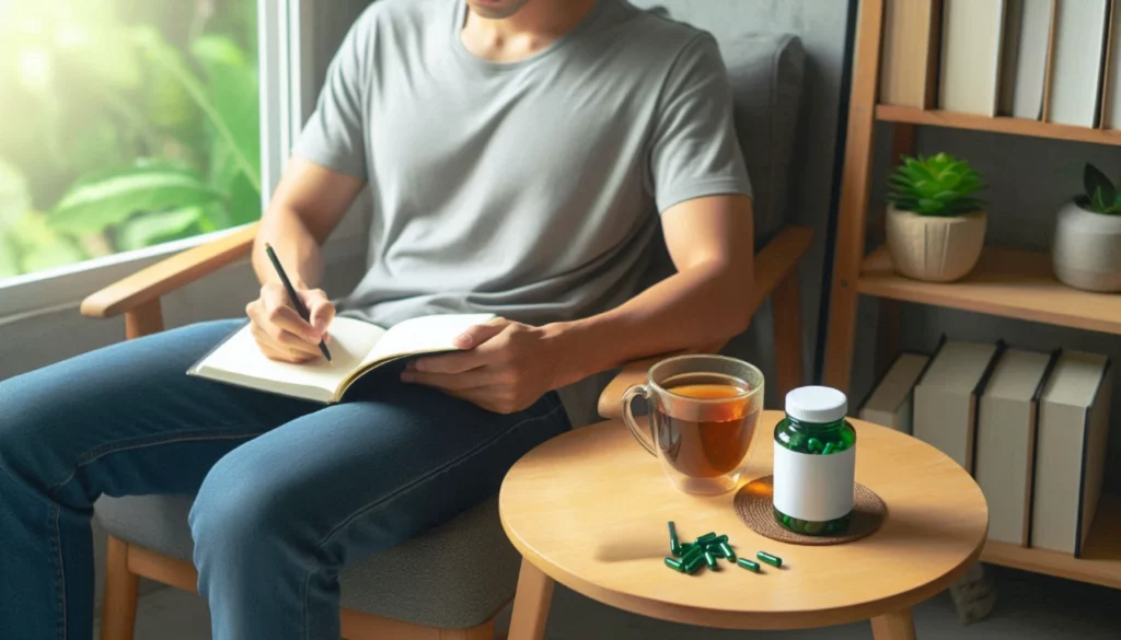 Person journaling by a window with a cup of tea, kratom supplements, and a bookshelf in a sunlit room.