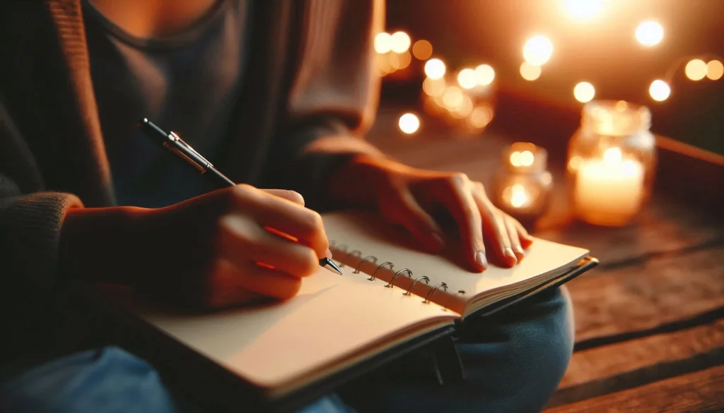 Person writing in a notebook with candles and string lights beside them