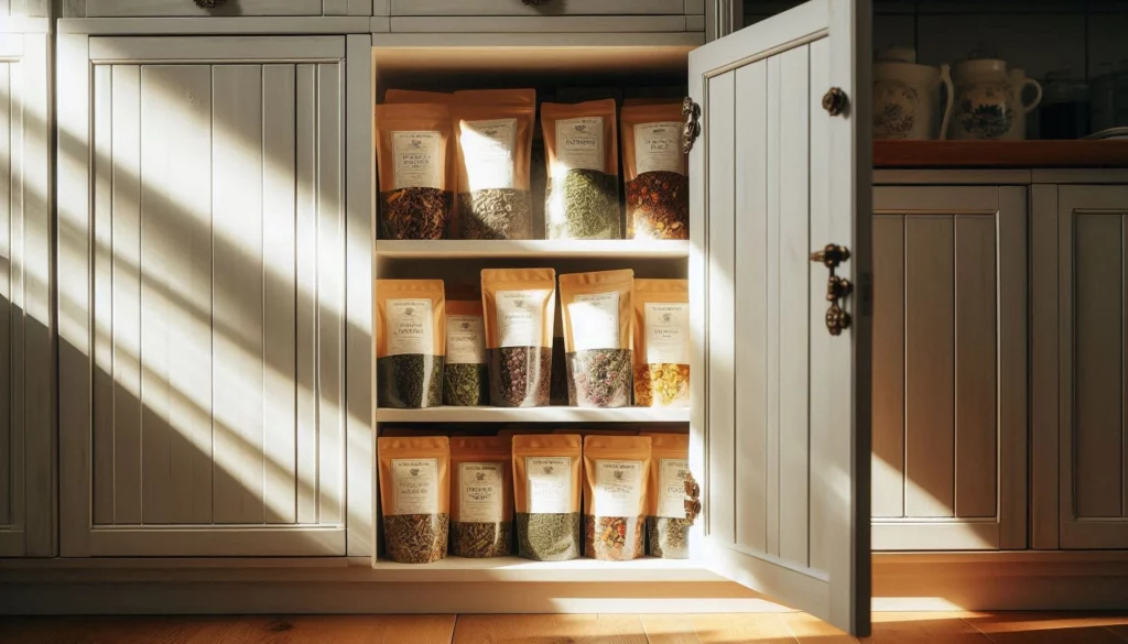 Open kitchen cabinet with neatly arranged bags of dried herbs on shelves