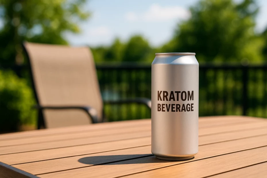 Silver can of kratom beverage on wooden table with outdoor chair and greenery in background