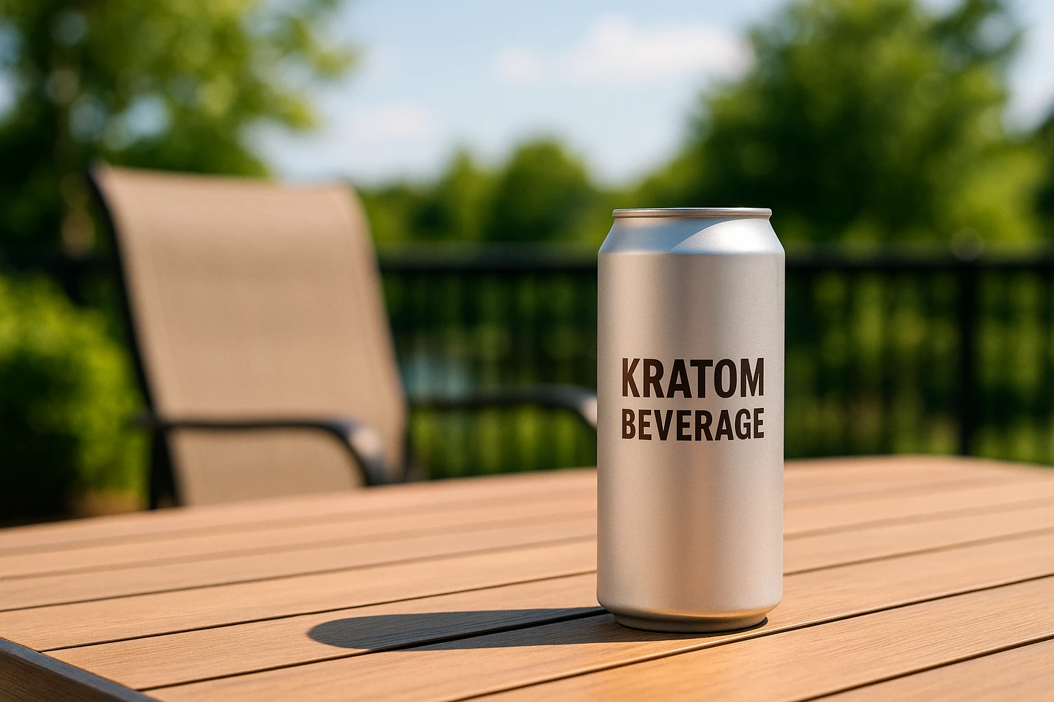 Silver can of kratom beverage on wooden table with outdoor chair and greenery in background
