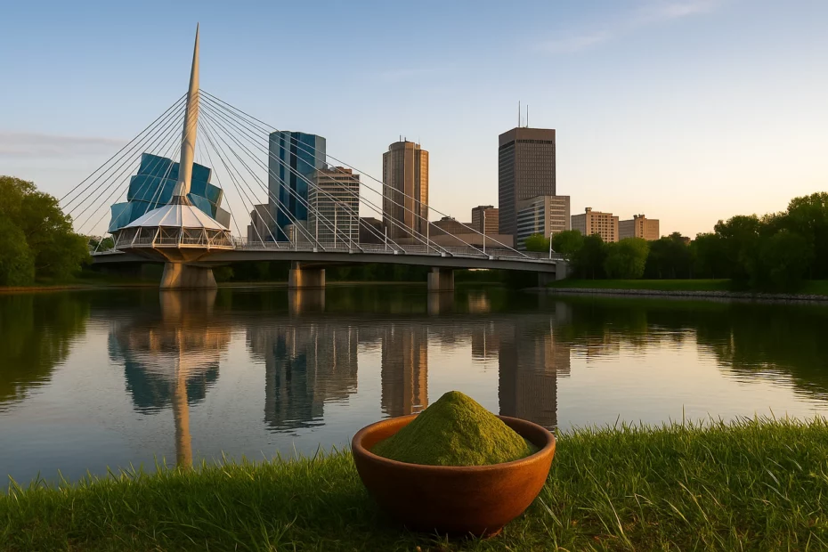 Kratom in Winnipeg with a bowl of kratom powder overlooking the skyline of Winnipeg during sunset.
