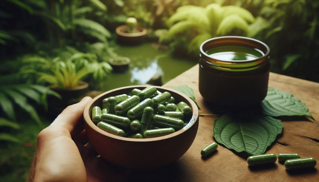 Hand holding a wooden bowl of kratom capsules on a table with a lush garden background.