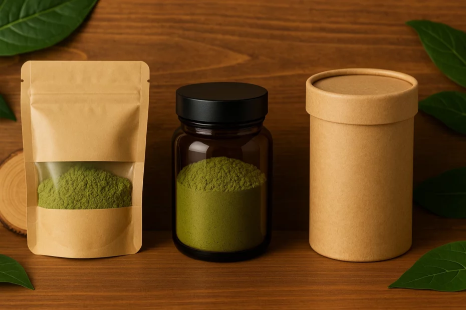 A variety of eco-friendly packaging with kratom powder in a pouch, jar, and canister on a wooden surface with leaves