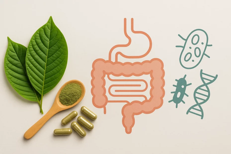 Kratom and the gut microbiome as an illustration of digestive system with kratom and microbes