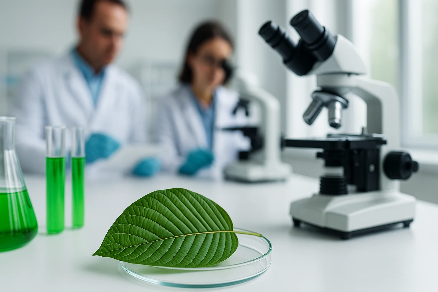 Green kratom leaf on petri dish in a lab with microscope and scientists highlighting kratom research