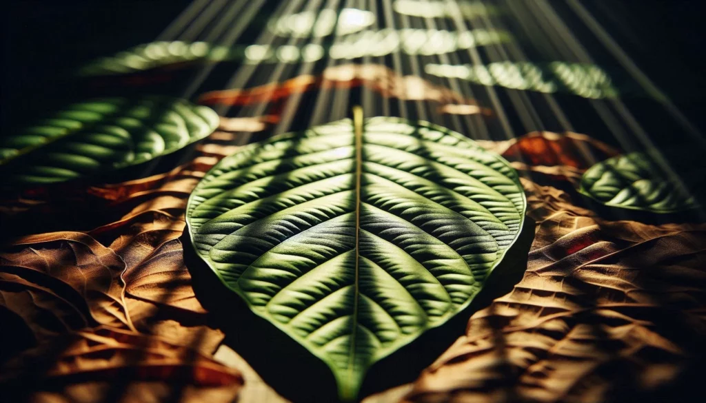 Close-up of a green leaf with sunlight rays casting shadows on dried leaves