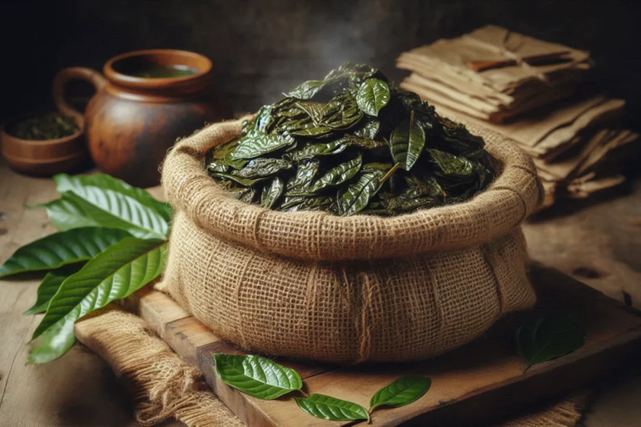 Drying kratom leaves with a burlap sack filled with kratom leaves on a wooden table beside a clay pot.