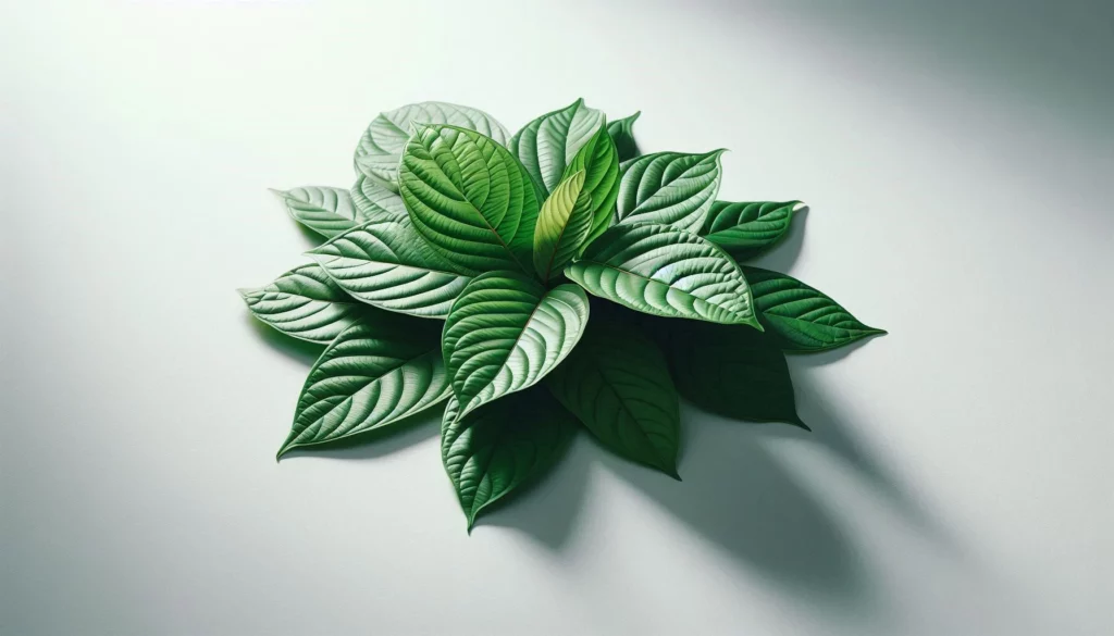 Cluster of kratom leaves with intricate vein patterns on a light background