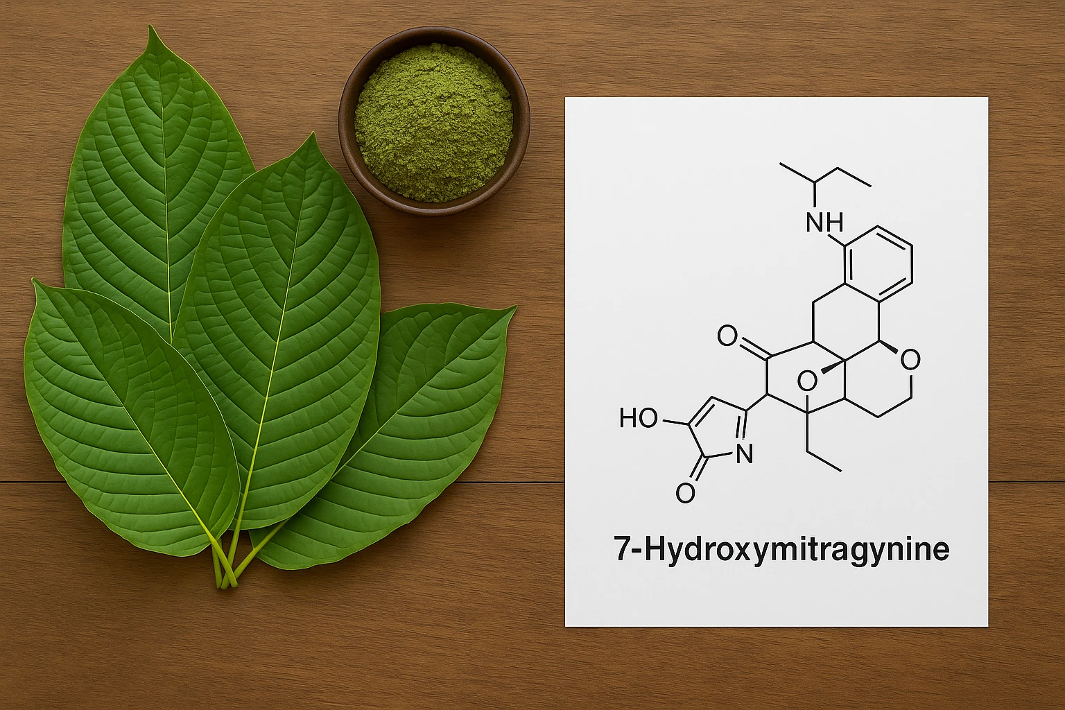 Kratom leaves with bowl of powder and 7-hydroxymitragynine diagram