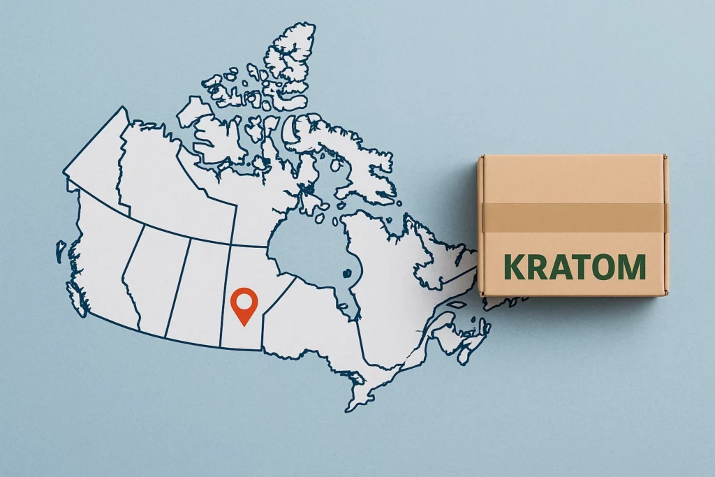 Map of Canada with red pin in the province of Manitoba and kratom box in foreground