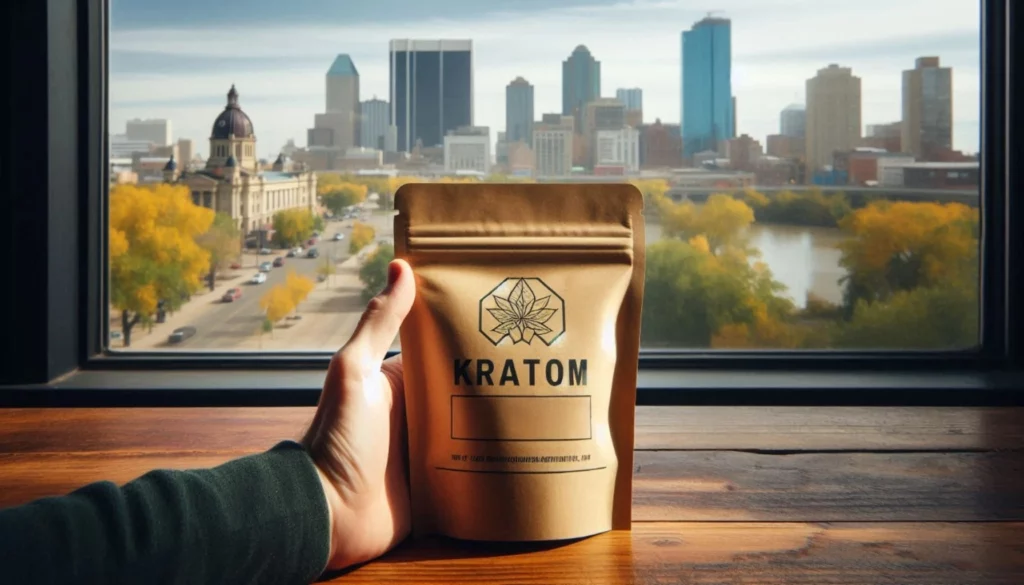A hand holding a sealed kratom package with a city skyline of Saskatoon with autumn trees in the background.