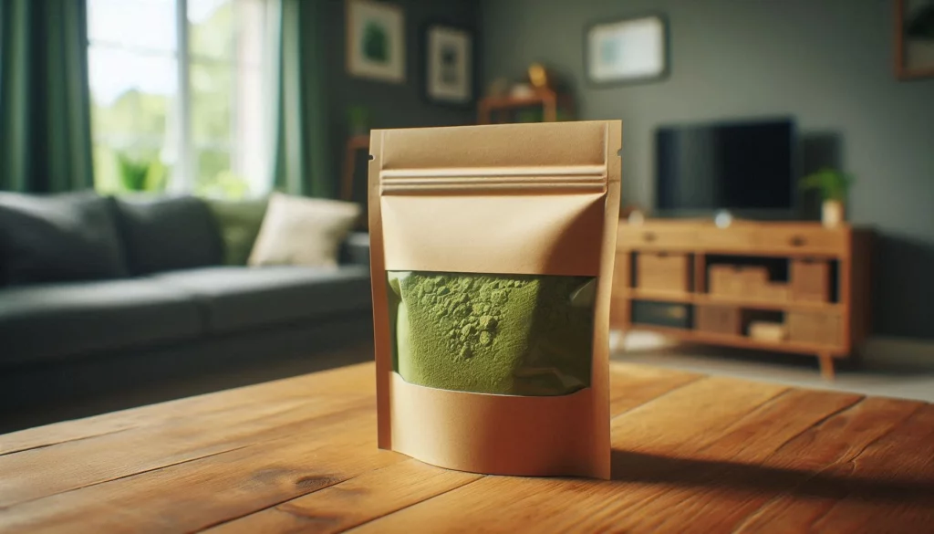 A bag of kratom powder on a wooden table in a living room with a sofa and TV.