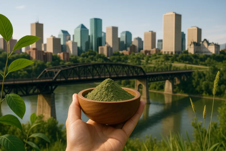 Kratom online in Edmonton with a bowl of kratom powder being held against a view of downtown Edmonton.