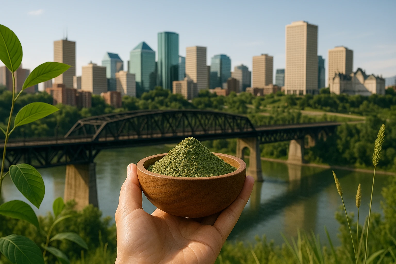 Kratom online in Edmonton with a bowl of kratom powder being held against a view of downtown Edmonton.