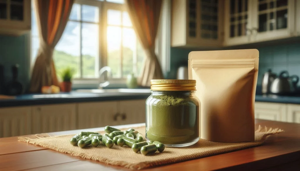 Glass jar of kratom with capsules and a sealed kraft package on a kitchen counter