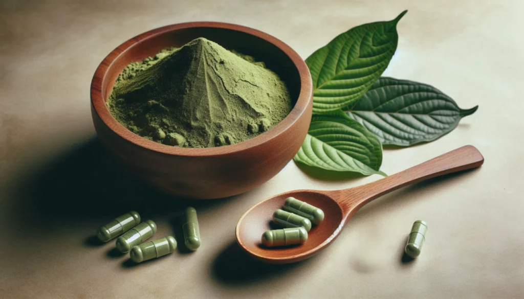 Wooden bowl of kratom powder with capsules, a spoon, and green leaves on a beige surface.
