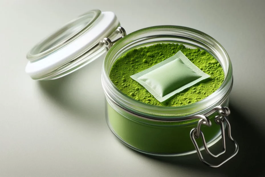 Glass jar of kratom powder with a desiccant packet inside, highlighting the moisture in kratom.