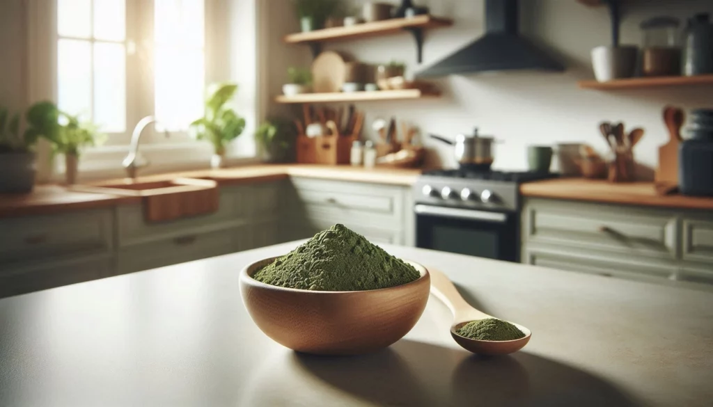 Wooden bowl of kratom powder on a kitchen counter