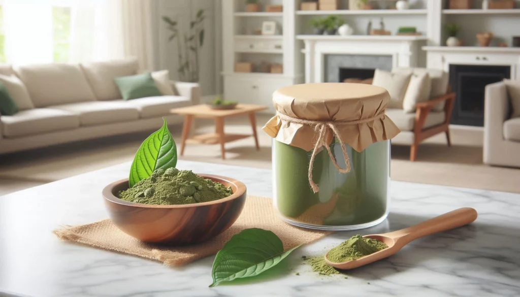 Bowl of kratom powder with jar and leaves on marble table in cozy living room