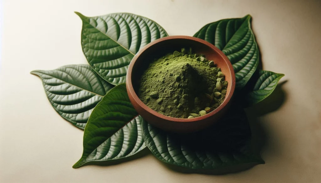 Green kratom powder in a wooden bowl surrounded by fresh leaves