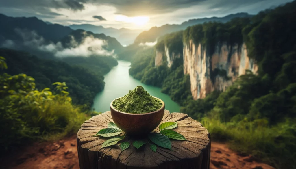 Wooden bowl of kratom powder on a tree stump with green leaves, overlooking a mountain valley and river at sunset.