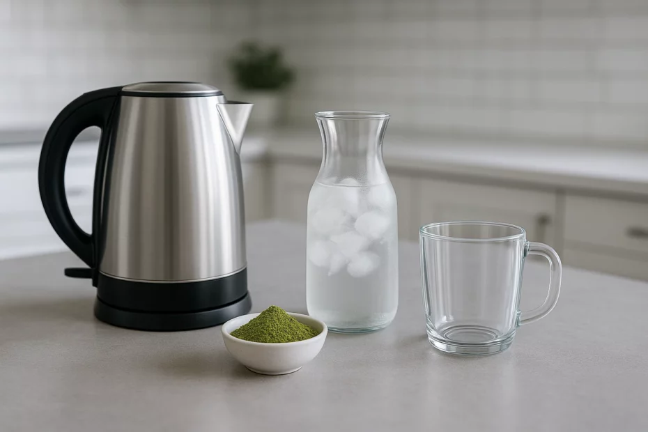 Stainless steel kettle with kratom powder and iced water on kitchen counter, highlighting kratom in drinks.