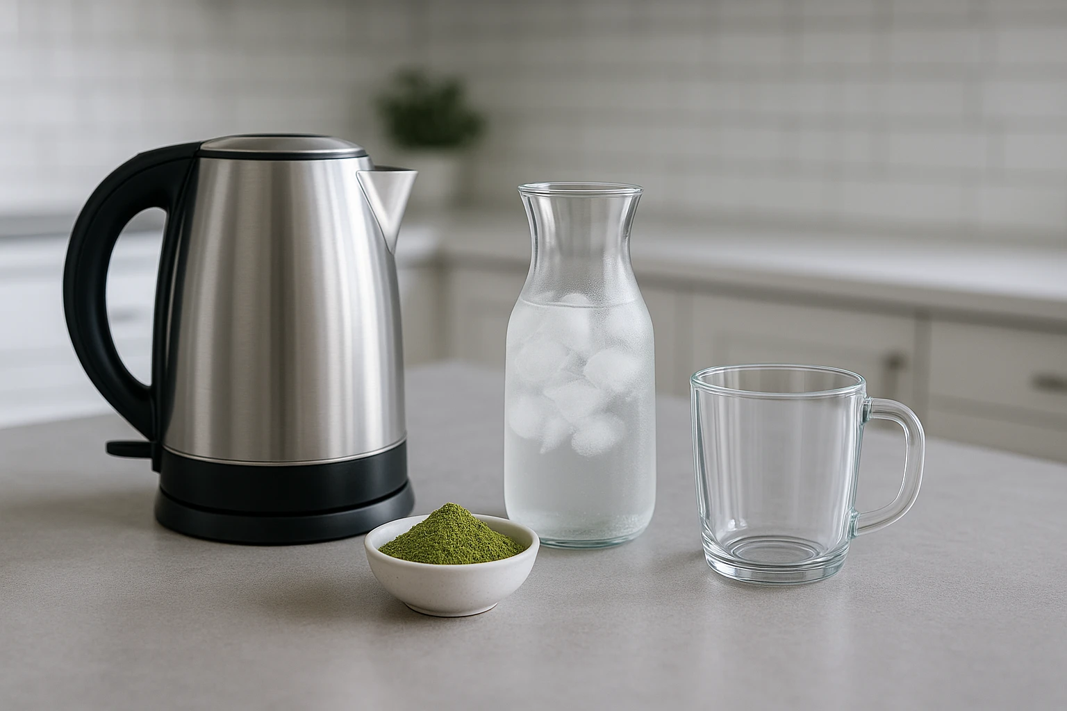 Stainless steel kettle with kratom powder and iced water on kitchen counter, highlighting kratom in drinks.